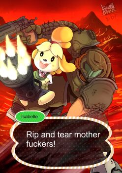 absurdres animal_crossing blood crossover doom_(series) doom_eternal doomguy eldevoradordeflanes english_text furry furry_female gatling_gun guro hell highres isabelle_(animal_crossing) nintendo nintendo_switch profanity red_theme self-upload speech_bubble video_game