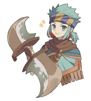 Rule 34 | 1boy, commentary request, double blade, elk (ys), george man, green eyes, green hair, headband, highres, holding, holding weapon, low ponytail, male focus, notice lines, ponytail, simple background, smile, solo, weapon, white background, ys, ys seven