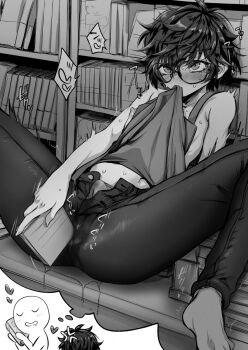 1boy amamiya_ren anal anal_object_insertion anger_vein apron biting biting_clothes book bookshelf bulge buttons erection erection_under_clothes glasses greyscale highres improvised_sex_toy male_masturbation masturbation monochrome object_insertion pepero_(prprlo) persona persona_5 spread_legs sweat