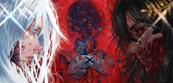 3girls absurdres ariane_yeong armor black_hair blood blood_on_face broken_armor closed_eyes closed_mouth commentary copyright_name deep_wound elster_(signalis) english_commentary exposed_bone exposed_internal_machinery facing_another falke_(signalis) frown guro hair_between_eyes highres injury laurel_crown long_hair looking_at_another looking_at_viewer mechabare multiple_girls ribs short_hair signalis teeth thom_blake upper_body white_hair