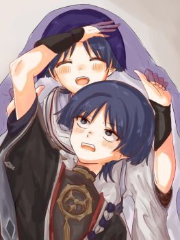 2boys arm_up armor behind_another black_bodysuit black_eyes black_kimono black_sleeves blunt_ends blush bodysuit closed_eyes dual_persona eyeliner eyeshadow facing_viewer furisode genshin_impact gold grey_background hand_on_another&#039;s_head hands_up highres japanese_armor japanese_clothes jewelry juban kariginu kimono kote kurokote layered_sleeves looking_at_another makeup mandarin_collar mitsudomoe_(shape) multiple_boys neck_ring open_clothes open_kimono open_mouth pom_pom_(clothes) pon_oi4 purple_hair purple_kimono purple_rope purple_veil red_eyeliner red_eyeshadow red_kimono rope scaramouche_(genshin_impact) scaramouche_(kabukimono)_(genshin_impact) shimenawa short_sleeves string teeth tomoe_(symbol) upper_teeth_only veil white_kimono white_rope wide_sleeves wispy_bangs