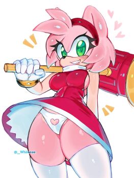 1girl amy_rose animal arm_behind_back blush breasts commentary cowboy_shot dress fang furry furry_female gloves green_eyes grin hairband hammer heart heart_print hedgehog hedgehog_girl highres holding holding_hammer looking_at_viewer mallet medium_breasts panties pantyshot pink_hair red_dress red_hairband sega short_dress short_hair sideboob sleeveless sleeveless_dress smile solo sonic_(series) teeth thighhighs twitter_username underwear whimzee white_background white_gloves white_panties white_thighhighs wind wind_lift