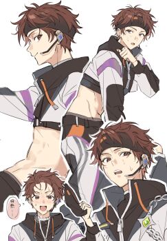 Rule 34 | 1boy, brown eyes, brown hair, chain, chinese text, clenched teeth, closed mouth, drawstring, earrings, ensemble stars!, hand up, headband, headset, high collar, highres, jewelry, long sleeves, male focus, mango (naihowda), morisawa chiaki, multiple views, official alternate costume, open mouth, ring, short hair, sideways glance, smile, speech bubble, stomach, stud earrings, sweat, teeth, thought bubble, translated, upper teeth only, zipper pull tab