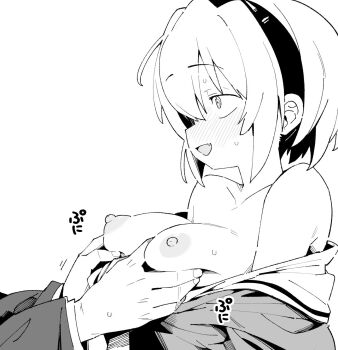 1boy 1girl blush breast_lift breasts breasts_out fang from_side full-face_blush grabbing_another&#039;s_breast groping hairband henyaan_(oreizm) highres higurashi_no_naku_koro_ni houjou_satoko monochrome nipples profile raised_eyebrows shirt_down simple_background solo_focus sound_effects sweat upper_body white_background