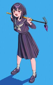 1girl absurdres black_serafuku black_shirt blue_background full_body grey_socks hammer highres holding holding_behind_neck holding_hammer kagenoyuhi loafers long_sleeves looking_at_viewer medium_hair neckerchief open_mouth original pleated_skirt purple_hair red_eyes school_uniform serafuku shirt shoes skirt socks solo standing tongue two-handed white_neckerchief