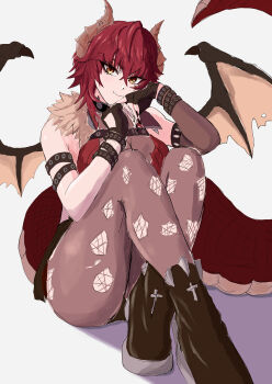 1girl absurdres alternate_hairstyle black_gloves black_nails black_shoes closed_mouth commentary dragon_girl dragon_horns dragon_tail gloves highres horns indie_virtual_youtuber long_hair looking_at_viewer meibin nail_polish pantyhose ponytail red_hair red_shirt shirt shoes short_hair smile solo tail torn_clothes torn_pantyhose very_long_hair virtual_youtuber yellow_eyes zentreya zentreya_(dragon) zentreya_(dragon)_(1st_costume)