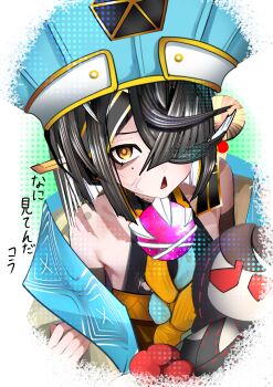 1girl absurdres anger_vein bare_shoulders black_dress black_hair blue_hat blush breasts brown_eyes chinese_clothes commentary_request dress fate/grand_order fate_(series) hair_ornament hair_over_one_eye hair_stick hat highres kitsunebi44410 lady_yu_doll long_sleeves looking_at_viewer mole mole_under_eye off_shoulder open_mouth robe short_hair small_breasts solo translation_request white_robe wide_sleeves xu_fu_(fate) xu_fu_(first_ascension)_(fate)