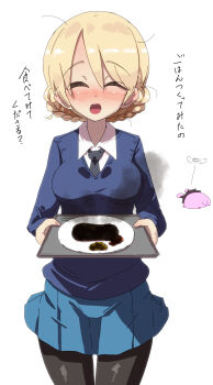 Rule 34 | 1girl, 1other, absurdres, black necktie, black pantyhose, blonde hair, blue jacket, blue skirt, blush, breasts, closed eyes, commentary request, darjeeling (girls und panzer), feet out of frame, food, girls und panzer, happy, highres, holding, holding tray, jacket, jinguu (4839ms), long hair, medium breasts, necktie, open mouth, pantyhose, school uniform, shirt, simple background, skirt, smile, st. gloriana's school uniform, standing, translation request, tray, white background, white shirt
