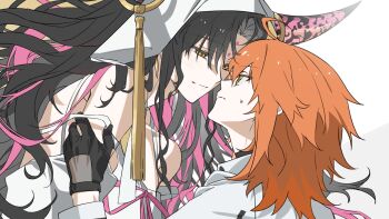 2girls black_gloves black_hair curtained_hair demon_horns facial_mark fate/grand_order fate_(series) forehead_mark from_side frown fujimaru_ritsuka_(female) fujimaru_ritsuka_(female)_(decisive_battle_chaldea_uniform) gloves highres horns light_blush light_smile long_hair long_sleeves looking_at_another medium_hair multicolored_hair multiple_girls orange_eyes orange_hair pink_hair pink_ribbon qkqajrwk ribbon sessyoin_kiara sweatdrop two-tone_hair very_long_hair wimple yellow_eyes