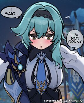 1girl absurdres aqua_hair arutemisu180 blush breasts denial drunk eula_(genshin_impact) genshin_impact green_eyes hairband hiccup highres kleeeee...(meme) kleeeee..._(meme) large_breasts looking_at_viewer medium_breasts meme necktie parted_lips pov screenshot_background solo speech_bubble vision_(genshin_impact)