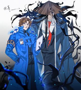 2boys absurdres alternate_costume armband artist_name aura beard_stubble belt black_gloves black_hair black_pants black_shirt black_suit black_vest blade_lineage_(identity)_(project_moon) blue_coat blue_electricity blue_eyes blue_haori blue_necktie blue_theme brown_hair buckle bug_print closed_mouth coat collared_shirt dark_aura darkness dated dress_shirt e.g.o_(project_moon) expressionless facial_hair formal_clothes full_body glasses gloves glowing gregor_(project_moon) grey_background hair_intakes half-closed_eyes hand_in_pocket haori hat height_difference high_collar highres holding holding_tablet_pc id_card insect_print japanese_clothes jing84672940 jingasa jitome lce_(identity)_(project_moon) lightning limbus_company long_coat long_hair long_sleeves looking_at_viewer male_focus meursault_(project_moon) multiple_boys nail_(hardware) nails necktie official_alternate_costume one_eye_covered open_clothes open_coat open_mouth pants parted_bangs project_moon red_necktie rimless_eyewear round_eyewear semi-rimless_eyewear shirt short_hair simple_background standing stubble suit tablet_pc torn_clothes torn_necktie torn_vest twitter_username under-rim_eyewear very_long_hair vest white_background white_shirt wing_collar yellow_eyes