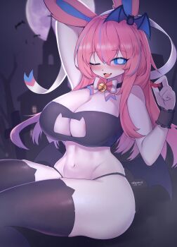 1girl absurdres animal_ears animal_nose areola_slip arm_behind_head arm_up artist_name bare_shoulders bat_(animal) bat_hair_ornament bat_wings bell black_bra black_thighhighs black_wings blue_eyes blue_hair blue_sclera blurry blurry_background blush body_fur bow bowtie bra breasts candy cat_cutout cat_ear_legwear cat_ear_thighhighs cat_lingerie church cleavage clothing_cutout colored_sclera dated fang female_focus food full_moon furry furry_female gen_6_pokemon grey_sky hair_between_eyes hair_ornament hair_ribbon halloween hand_up happy highres holding holding_candy holding_food jingle_bell large_breasts long_hair looking_at_viewer low_wings mature_female mbct01 moon multicolored_hair navel neck_bell night nintendo one_eye_closed open_mouth outdoors panties personification pink_bow pink_bowtie pink_hair pokemon pokemon_(creature) ribbon sidelocks signature sitting skin_fang skindentation sky smile solo stomach streaked_hair string_panties sylveon thick_thighs thighhighs thighs tombstone tongue tongue_out twitter_username two-tone_hair underwear underwear_only white_fur white_ribbon wide_hips wings wink wrist_cuffs