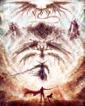 1boy absurdres bahamut_(final_fantasy) cape claws clive_rosfield dragon dragon_wings final_fantasy final_fantasy_xvi garuda_(final_fantasy) grey_wolf highres monster odin_(final_fantasy) ramuh shiva_(final_fantasy) summoning sword titan_(final_fantasy) torgal_(ff16) tylor_hepner weapon wings wolf