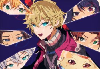 3boys 3girls :d black_hair blonde_hair blue_eyes brown_eyes brown_hair cut-in dunban_(xenoblade) fiora_(xenoblade) green_eyes grey_hair jacket looking_at_viewer melia_antiqua mugimugis multiple_boys multiple_girls open_mouth red_jacket reyn_(xenoblade) riki_(xenoblade) sharla_(xenoblade) shulk_(xenoblade) smile sweater turtleneck turtleneck_sweater upper_body xenoblade_chronicles_(series) xenoblade_chronicles_1 xenoblade_chronicles_3