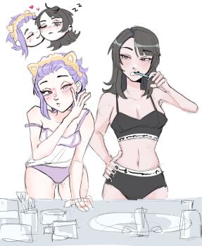2girls applying_makeup applying_own_makeup bang_dream! bang_dream!_it&#039;s_mygo!!!!! black_hair black_nails black_panties black_sports_bra breasts brushing_teeth camisole cheek-to-cheek cleavage commentary hand_on_own_hip heads_together heart highres kryakw long_hair medium_breasts multiple_girls panties pink_eyes purple_hair purple_panties short_hair simple_background sink sports_bra underwear white_background white_camisole yahata_umiri yuri yuutenji_nyamu zzz