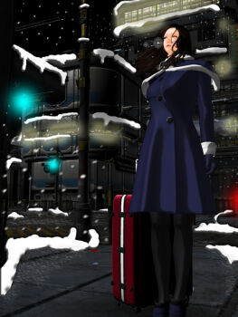 1girl black_hair coat gloves ground_vehicle kill_the_king long_hair luggage night outdoors pantyhose railroad_tracks scarf snow snowing solo suitcase train train_station winter winter_clothes