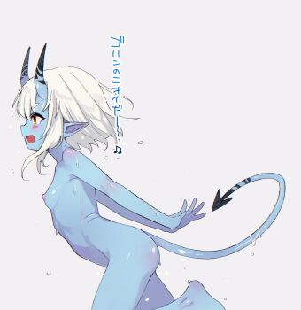 1girl after_bathing ass blue_horns blue_oni blue_skin blue_tail blush breasts colored_skin completely_nude covering_privates hair_between_horns highres horns komodj loli multicolored_horns nipples nude oni open_mouth pointy_ears red_eyes short_hair sidelocks skin-covered_horns skin-covered_tail small_breasts smile solo soukaku_(zenless_zone_zero) third-party_edit two-tone_horns two-tone_tail wet white_hair zenless_zone_zero