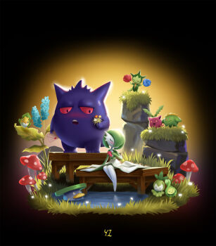 1girl :> arm_at_side artist_name backlighting black_eyes blue_flower blue_rose blush bob_cut budew closed_eyes closed_mouth colored_sclera colored_skin envelope fangs flat_chest flower full_body gardevoir gen_1_pokemon gen_2_pokemon gen_3_pokemon gen_4_pokemon gen_5_pokemon gengar grass green_hair green_skin hair_over_one_eye half-closed_eyes hand_on_own_chest hand_up happy heart highres holding holding_envelope holding_flower hoppip leg_up legs legs_together letter looking_at_another looking_down looking_up lotad love_letter multicolored_skin mushroom nervous nintendo no_feet nose_blush o_o one_eye_covered open_mouth orange_flower outdoors partially_submerged petilil pink_eyes pokemon pokemon_(creature) pond red_flower red_rose red_sclera rose roselia_(pokemon) sewaddle short_hair shy signature sitting skiploom sleeping smile standing standing_on_one_leg sweat two-tone_skin u_u water white_eyes white_flower white_skin yangzzz yellow_eyes yellow_flower