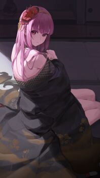 1girl absurdres bare_shoulders black_kimono commentary_request flower frown hair_flower hair_ornament hairband highres hololive hololive_english japanese_clothes kanoe_(tatsukanoe) kimono long_hair looking_at_viewer looking_back mori_calliope mori_calliope_(new_year) nail_polish pink_eyes pink_hair red_nails sitting solo virtual_youtuber