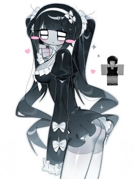 1018sus 1girl :< absurdres arm_at_side ass black_dress black_eyes black_hair black_nails blunt_bangs blush blush_stickers bow bow_hairband bra_strap breasts closed_mouth colored_skin cowboy_shot dress eyes_visible_through_hair fewer_digits frilled_dress frilled_sleeves frills from_behind frown grey_skin hair_ornament hairband hand_up heart highres jitome juliet_sleeves leaning_forward long_hair long_sleeves looking_at_viewer looking_back medium_breasts multicolored_eyes nail_polish no_nose no_panties notice_lines outline petticoat player_character_(roblox) pleading_eyes puffy_sleeves raised_inner_eyebrows reference_inset ringlets roblox short_dress sidelocks simple_background sleeve_bow sleeves_past_fingers sleeves_past_wrists solo sparkle standing thighhighs twintails two-tone_eyes very_big_eyes very_long_hair white_background white_bow white_eyes white_hairband white_outline white_thighhighs