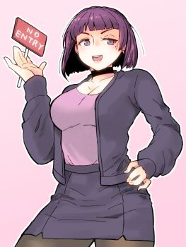 1girl :d amelia_(pathways) animification black_choker blunt_bangs blunt_ends bob_cut breasts choker commentary_request contrapposto cowboy_shot earrings english_text hand_on_own_hip hand_up holding holding_sign jacket jewelry large_hands leggings lower_lip_only medium_breasts minato_(leap-up) mole mole_under_eye office_lady open_clothes open_jacket open_mouth outline pathways_(game) pencil_skirt pink_background pink_shirt politics shirt short_hair sideways_glance sign simple_background skirt smile solo standing united_kingdom white_outline