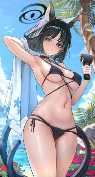 1girl adapted_costume arm_up armpit_focus armpits bakeneko bikini black_bikini black_tail blue_archive blue_halo blue_sky blue_tail breasts bubble99 cat_girl cat_tail commentary_request criss-cross_straps gradient_tail halo hand_fan handheld_electric_fan haori highres holding holding_fan japanese_clothes kikyou_(blue_archive) kikyou_(swimsuit)_(blue_archive) korean_commentary looking_at_viewer medium_breasts multi-strapped_bikini_bottom multi-strapped_bikini_top multiple_tails navel outdoors palm_tree short_hair side-tie_bikini_bottom sky solo stomach swimsuit tail tree two_tails v-shaped_eyebrows white_haori