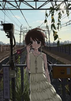 1girl absurdres backlighting black_eyes black_hair city closed_mouth day earbuds earphones flower hashtag-only_commentary highres long_skirt looking_at_viewer nanac_go original overgrown overhead_line plant railroad_tracks short_hair skirt sky sleeveless solo sun sweat vines