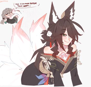 2girls animal_ears bare_shoulders black_kimono brown_hair chibi chibi_inset commentary english_commentary fox_ears fox_tail fugue_(honkai:_star_rail) green_eyes hair_over_one_eye highres honkai:_star_rail honkai_(series) japanese_clothes kimono large_tail long_hair long_sleeves looking_at_viewer multiple_girls multiple_tails off_shoulder qingque_(honkai:_star_rail) smile tail tingyun_(honkai:_star_rail) unfamousradish upper_body