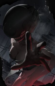 1girl absurdres apron bent_over bird black_apron black_gloves bomb_devil_(chainsaw_man) breasts chainsaw_man city cleavage destruction dynamite elbow_gloves explosive gloves highres medium_breasts night outdoors panties reaching reaching_towards_viewer september0405 solo teeth underwear white_panties