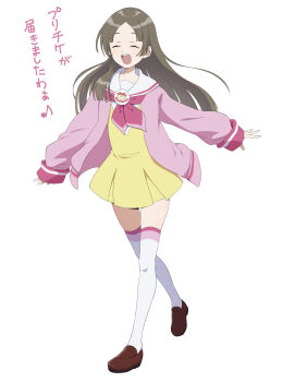 1girl :d ^_^ brown_hair cardigan closed_eyes cosplay dress facing_viewer full_body gakuen_idolmaster highres idolmaster kuramoto_china loafers long_hair long_sleeves neckerchief open_mouth paprika_private_academy_school_uniform parted_bangs pink_cardigan pink_neckerchief pretty_series pripara sailor_collar school_uniform shoes short_dress simple_background smile solo standing thighhighs translation_request uma_(umagaobanana) white_background white_sailor_collar white_thighhighs yellow_dress