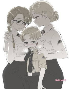 1boy 2girls age_difference blonde_hair blush braid breast_press bulge commentary_request ebifly erection erection_under_clothes girl_sandwich glasses hair_bun highres hitler_youth multiple_girls nazi onee-shota original sandwiched swastika visible_air white_background