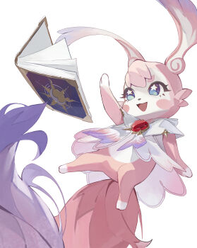 absurdres animal_ears blue_eyes blush book commentary_request dress eyelashes flying gem hand_up highres honkai:_star_rail honkai_(series) looking_up mem_(honkai:_star_rail) muhan_(user_azze8777) no_humans open_mouth pink_tail red_gemstone star-shaped_pupils star_(symbol) symbol-shaped_pupils tail v-shaped_eyebrows white_background white_dress