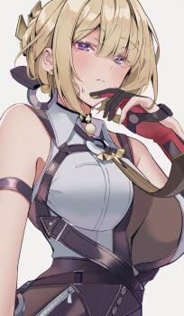 Rule 34 | 1girl, arm strap, bare shoulders, black gloves, black pants, blonde hair, blush, breasts, chest harness, closed mouth, commentary request, evelyn chevalier, gloves, hand up, harness, high-waist pants, highres, large breasts, latex pants, looking at viewer, mole, mole under eye, nakano kura, necktie, pants, purple eyes, ring hair ornament, shirt, simple background, sketch, sleeveless, sleeveless shirt, solo, sweatdrop, upper body, white background, white shirt, yellow necktie, zenless zone zero