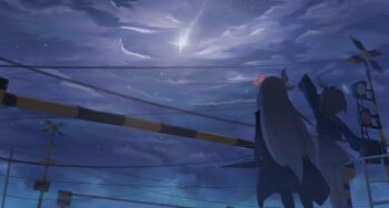 Rule 34 | absurdres, arm up, arona (blue archive), black coat, black pantyhose, black skirt, blue archive, blue halo, blue serafuku, blue sky, boom barrier, bow, cloud, cloudy sky, coat, commentary, crossbuck, from behind, from below, hair bow, halo, highres, holding, holding umbrella, long hair, long sleeves, night, outdoors, overhead line, pantyhose, plana (blue archive), pointing, pointing up, railroad crossing, railroad signal, red halo, sailor collar, school uniform, serafuku, shooting star, short hair, skirt, sky, sleeves past wrists, star (sky), starry sky, umbrella, white bow, white sailor collar, white skirt, zhengzexiang1111