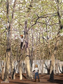 2girls baseball_cap black_hair black_pants blue_pants bowl brown_hair climbing_tree commentary_request food forest fruit hat holding holding_bowl in_tree jiemoxia layered_sleeves long_hair long_sleeves medium_hair multiple_girls nature original outdoors pants reaching red_hat scenery shirt shoes short_over_long_sleeves short_sleeves standing sweater t-shirt track_pants tree watermark white_shirt white_shoes white_sweater wide_shot