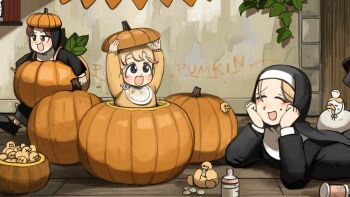 3girls :d aged_down baby_animal baby_bottle bib bird blonde_hair blue_eyes bottle brown_eyes brown_hair chicken closed_eyes clumsy_nun_(diva) commentary diva_(hyxpk) duck duckling eating english_commentary highres hungry_nun_(diva) in_container little_nuns_(diva) lying mole mole_on_cheek multiple_girls nun open_mouth pumpkin pumpkin_costume pumpkin_seeds smile strict_nun_(diva) traditional_nun writing_on_wall