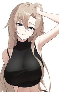 1girl angdo_(kakajo26) arm_up armpits bare_arms bare_shoulders black_shirt black_survival blair_(black_survival) blonde_hair blue_eyes bra_strap breasts cleavage closed_mouth commentary crop_top eternal_return:_black_survival hair_between_eyes hand_on_own_head highres large_breasts long_hair looking_at_viewer midriff mole mole_under_mouth navel parted_bangs see-through_cleavage see-through_clothes shirt simple_background sleeveless sleeveless_shirt solo stomach upper_body white_background