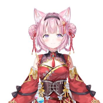 1girl animal_ears arm_bow black_bow black_hairband blush bow braid braided_hair_rings breasts brown_corset cleavage closed_mouth corset detached_sleeves double_bun dress hair_bun hair_intakes hair_ornament hair_ribbon hair_rings hairband hakui_koyori hololive large_breasts long_hair long_sleeves momoko_(momopoco) pink_eyes pink_hair purple_eyes red_dress red_ribbon red_sleeves ribbon simple_background smile solo tassel transparent_background virtual_youtuber wolf_ears wolf_girl