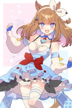 +_+ 1girl almond_eye_(umamusume) animal_ears bare_shoulders blue_dress blue_eyes blue_gloves blush bow_hairband braid braided_sidelocks breasts brown_hair cleavage collarbone colored_inner_hair dress gloves hair_between_eyes hair_ornament hairband hairclip horse_ears horse_girl horse_tail koruri long_hair looking_at_viewer medium_breasts multicolored_hair open_mouth red_button smile solo symbol-shaped_pupils tail teeth thighhighs umamusume upper_teeth_only white_dress white_hairband white_thighhighs x-shaped_pupils