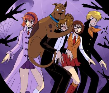 Rule 34 | 2girls, 3boys, blonde hair, brown hair, commentary, daphne blake, dog, english commentary, fred jones, glasses, highres, hug, multiple boys, multiple girls, night, orange hair, outdoors, scared, school uniform, scooby-doo, scooby-doo (series), shaggy rogers, standing, velma dinkley, wanderjegson