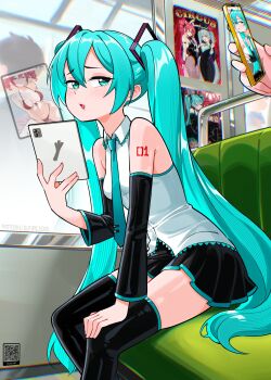 1girl absurdres animal_ears aqua_eyes aqua_hair arm_tattoo armpits bare_shoulders bikini black_thighhighs breasts cellphone cleavage detached_sleeves elpipe_3000 english_text fanning_self fishnets hatsune_miku highres holding holding_phone kasane_teto kasane_teto_(utau) large_breasts long_hair looking_at_another looking_at_viewer phone pinup_(style) playboy_bunny pleated_skirt poster_(object) qr_code rabbit_ears red_hair reflection ringlets shirt sitting skirt smartphone solo spread_legs spring_onion swimsuit tablet_pc tattoo thighhighs twintails utau very_long_hair vocaloid white_shirt zettai_ryouiki