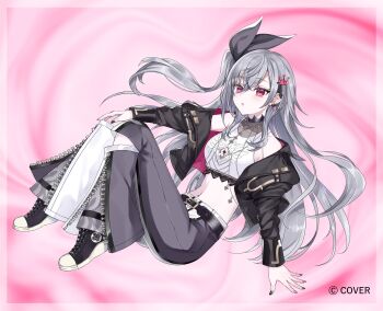 Rule 34 | 1girl, absurdres, black bow, black jacket, black pants, bow, commentary request, copyright name, crop top, cropped jacket, cropped shirt, double-parted bangs, full body, grey hair, hair bow, highres, hololive, hololive dev is, isaki riona, jacket, knee cutout, long hair, long sleeves, looking at viewer, midriff, miya kyouhei, navel, navel piercing, off shoulder, official art, one side up, pants, parted lips, piercing, red eyes, shirt, sidelocks, sleeveless, sleeveless shirt, solo, two-tone pants, virtual youtuber, white pants, white shirt