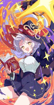 1girl absurdres black_hat black_jacket black_skirt blue_archive book braid breasts commentary_request eri_(blue_archive) grey_hair halo hat highres holding holding_book jacket jewelry large_breasts long_sleeves looking_at_viewer open_mouth orange_eyes osisio pleated_skirt ring shirt side_braid skirt solo sparkling_eyes white_shirt witch_hat