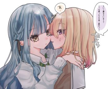 2girls bang_dream! bang_dream!_it's_mygo!!!!! black_ribbon blonde_hair blue_hair blush brown_dress collared_shirt commentary dress green_necktie hair_ribbon hanasakigawa_school_uniform haneoka_school_uniform looking_at_viewer medium_hair misumi_uika multiple_girls necktie nyako_(2446_ny) purple_eyes ribbon sailor_dress school_uniform shirt simple_background speech_bubble sweat symbol-only_commentary togawa_sakiko translation_request two_side_up white_background white_shirt yellow_eyes yuri