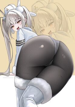 1girl absurdres ass ass_focus black_pantyhose blanc_(fortune_express)_(nikke) blanc_(nikke) boots commentary fang from_behind goddess_of_victory:_nikke hat highres kimright0 long_hair looking_at_viewer looking_back official_alternate_costume official_alternate_hairstyle open_mouth panties pantyhose skin_fang solo twintails underwear very_long_hair vest white_boots white_hair white_hat white_panties white_vest yellow_eyes zoom_layer