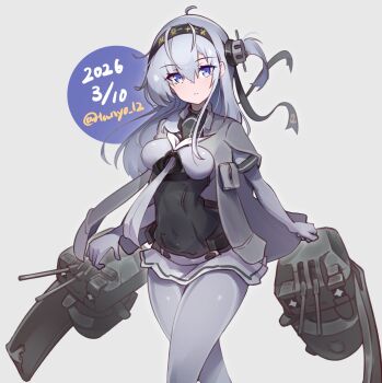 Rule 34 | 1girl, black headband, black sailor collar, chou-10cm-hou-chan, chou-10cm-hou-chan (suzutsuki's), commentary, dated, feet out of frame, gloves, grey background, grey eyes, grey gloves, grey hair, grey jacket, grey pantyhose, headband, headgear, highres, jacket, jacket on shoulders, kantai collection, long hair, looking at viewer, neckerchief, one side up, pantyhose, rigging, sailor collar, solo, suzutsuki (kancolle), tanyou, twitter username, white neckerchief