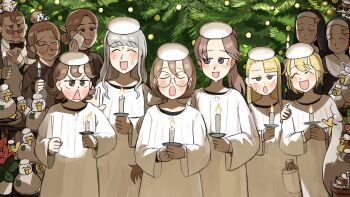 1boy 6+girls :d :o ^_^ baby_animal beret bird blonde_hair bow bowtie brown_eyes brown_hair candle cat chicken christmas_tree clenched_hand closed_eyes clumsy_nun_(diva) commentary diva_(hyxpk) duck duckling earthworm english_commentary facial_hair flower flower_pot freckles froggy_nun's_father_(diva) froggy_nun_(diva) glasses glasses_nun's_mother_(diva) glasses_nun_(diva) goose grey_hair hair_flower hair_ornament hairclip hand_on_another's_shoulder hand_up happy_tears hat hedgehog highres holding holding_candle hungry_nun's_mother_(diva) hungry_nun_(diva) in_pocket kitten lamb little_nuns_(diva) mole mole_(animal) mole_under_eye multiple_girls music mustache nun open_mouth ostrich own_hands_together poinsettia red_eyes red_hair robe sheep singing slice_of_life smile snail snot spicy_nun_(diva) star_(symbol) star_nun_(diva) stool strict_nun_(diva) sweatdrop tearing_up tears traditional_bowtie traditional_nun triangle_mouth tuxedo u_u white_headwear white_robe wiping_tears yellow_eyes