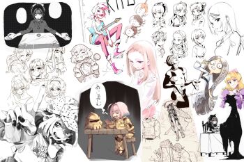 4boys 6+girls ahoge anzai_miyako armor asari_nanami bead_bracelet beads blonde_hair bowl bracelet cathy_graham character_request coat coat_on_shoulders collage commentary_request constricted_pupils copyright_name copyright_request crossover cutlass dango deerstalker demon_horns dress eating electric_guitar eyepatch faun food french_text frown fujii_tomo furusawa_yoriko ghost grin guitar hand_on_own_chin hat helmet highres holding holding_sword holding_weapon horns idolmaster idolmaster_cinderella_girls imay3927 instrument japanese_text jewelry kishibe_ayaka koseki_reina long_hair long_sleeves multiple_boys multiple_crossover multiple_girls multiple_views muscular muscular_male nail_polish narumiya_yume on_stool outstretched_arms pants parted_bangs partially_colored partially_translated pendant pink_hair pink_pants pirate pirate_hat purple_dress red_eyes robe seki_hiromi short_hair simple_background sitting smile speech_bubble spread_arms sunazuka_akira sword table takagaki_kaede translation_request unworn_bracelet unworn_headwear unworn_helmet v wagashi weapon white_background white_robe wooden_table yao_fueifuei yumemi_riamu