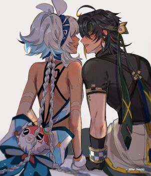 1boy 1girl arm_tattoo backless_outfit bare_shoulders black_shirt blue_hair blue_hairband body_markings braid commentary couple from_behind genshin_impact gloves green_hair hair_over_eyes hairband hawaiian_clothes hetero highres imminent_kiss kinich_(genshin_impact) long_hair low_twin_braids mualani_(genshin_impact) parted_lips shirt short_hair short_sleeves shoulder-to-shoulder simple_background sitting star_shine348 symbol-only_commentary tan tattoo twin_braids twitter_username very_long_hair white_background