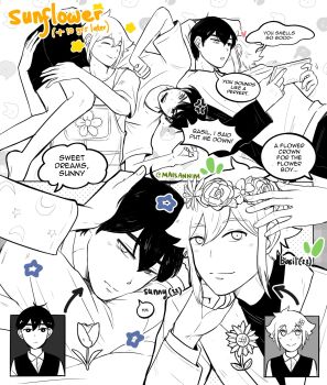 Rule 34 | 2boys, alternate costume, anger vein, antenna hair, basil (faraway) (omori), basil (omori), bright pupils, closed eyes, closed mouth, commentary, double-parted bangs, english commentary, english text, flower, flower wreath, hair between eyes, hair flower, hair ornament, head wreath, heterochromia, highres, long sleeves, maisani, male focus, multiple boys, omori, open mouth, overalls, ship name, shirt, short hair, sidelocks, speech bubble, spoilers, spot color, sunny (omori), t-shirt